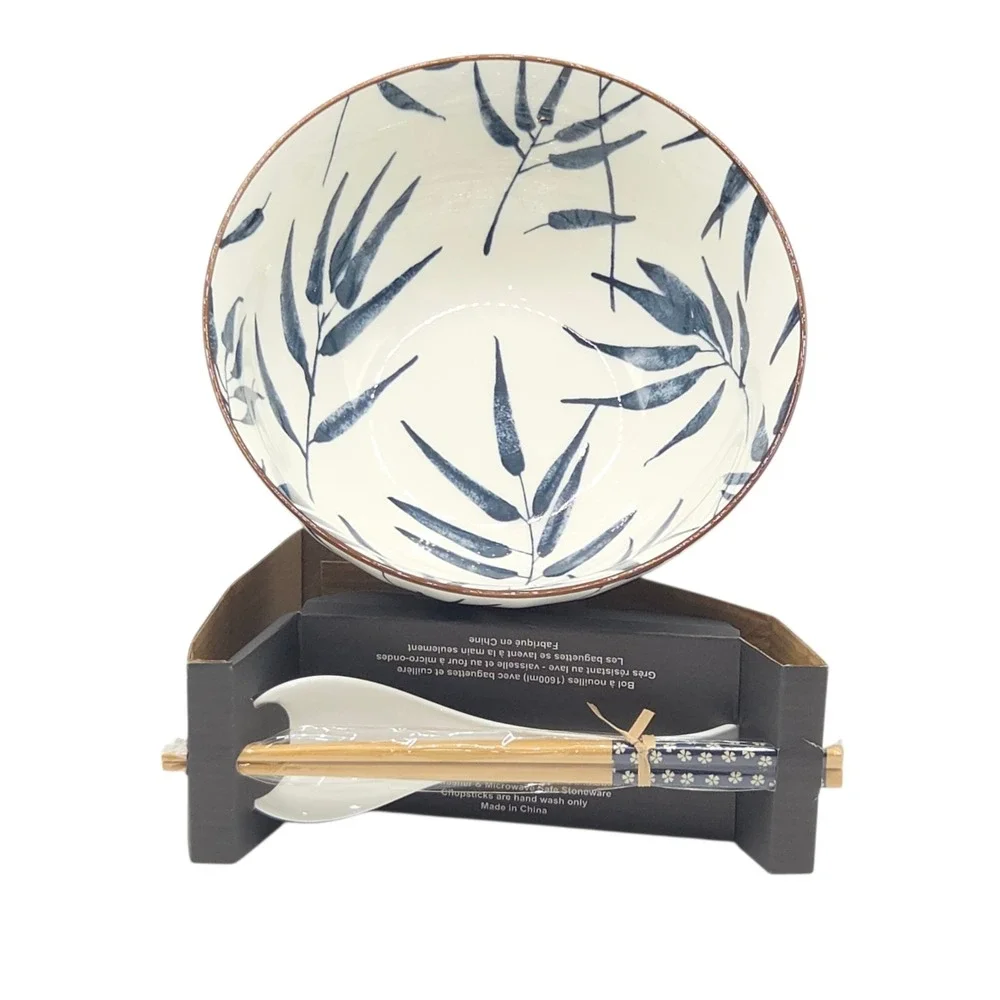 SH Home Blue Bamboo Ceramic Ramen Noodle Bowl 54oz With Chopsticks And Spoon 4pc